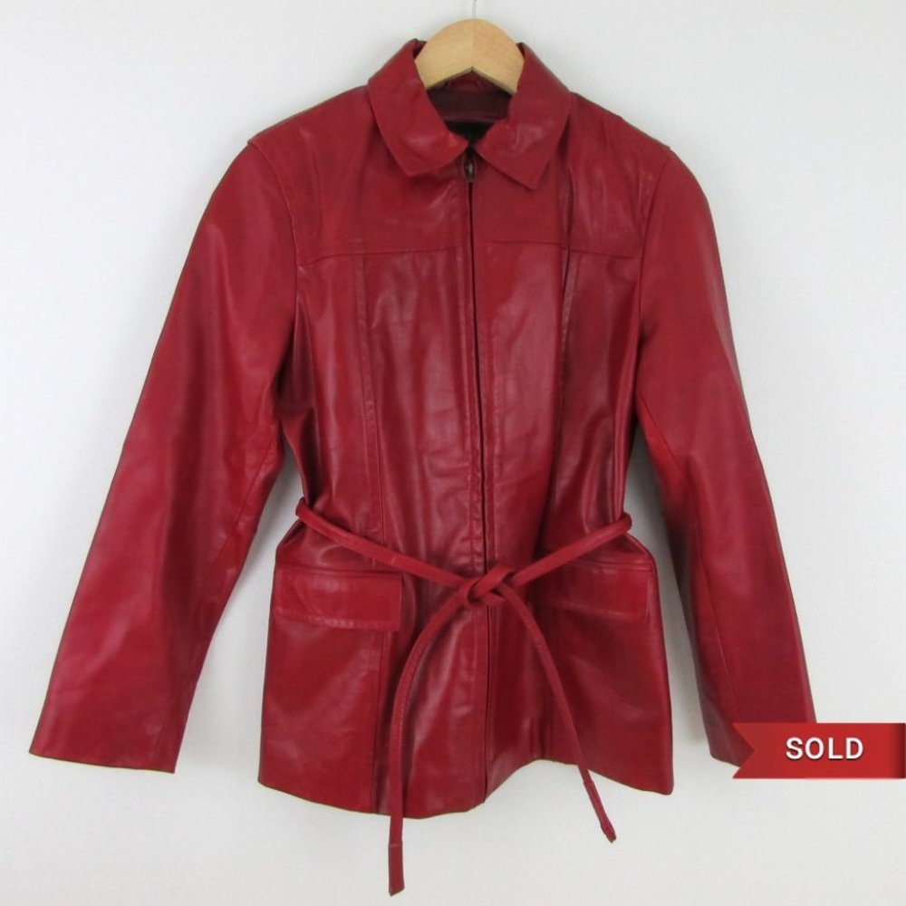 Express Zip Front Belted Leather Jacket Red - Picture 1 of 12